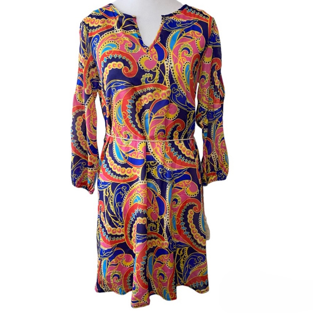 Peach Love California Boho Paisley Retro Print Long Sleeve Dress Women’s Small